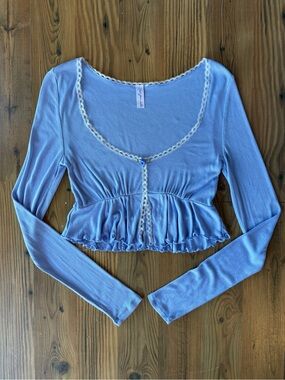 Light Blue Lace-Trim Long Sleeve Peplum Top